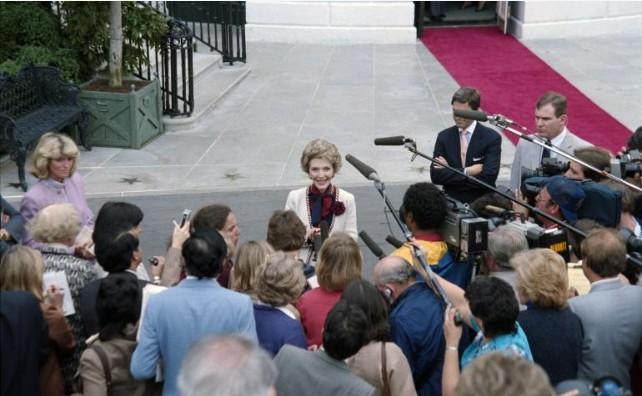Nancy Reagan talking to the press outside the White House before the First Ladies Conference on Drug Abuse