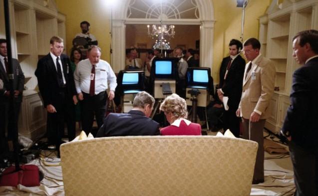 President Ronald Reagan and Nancy Reagan participating in a rehearsal for their upcoming Address to the Nation on the National Campaign against Drug Abuse dated 09/14/1986
