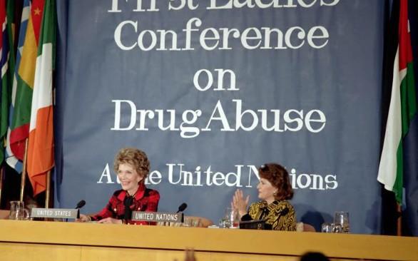 Nancy Reagan delivering remarks at the First Ladies Conference on Drug Abuse at the United Nations dated 10/21/1985 NAID: 75854373