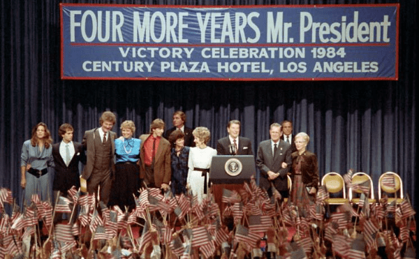 President Ronald Reagan, Nancy Reagan, Ron Reagan, Doria Reagan, Maureen Reagan, Dennis Revell, Patti Davis, Paul Grilley, Bess Reagan, and Neil Reagan at the Victory 1984 Celebration at the Century Plaza Hotel in Los Angeles, California 11/06/1984