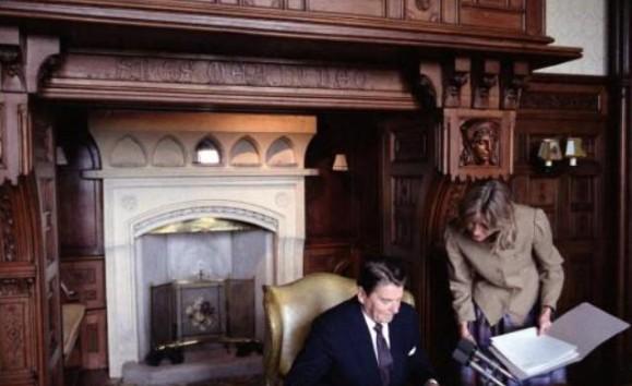President Ronald Reagan preparing for his Radio Address to the National from Ashford Castle in Ireland, 06/02/1984