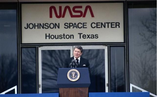 President Ronald Reagan delivering his Remarks at the Memorial Service for the Crew of the Space Shuttle Challenger in Houston, Texas. 01/31/1986.