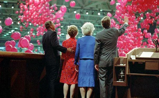 President Ronald Reagan, Nancy Reagan, Barbara Bush, and Vice President George Bush during the celebration at the 1984 Republican National Convention at the Dallas Convention Center in Dallas, Texas 08/23/1984