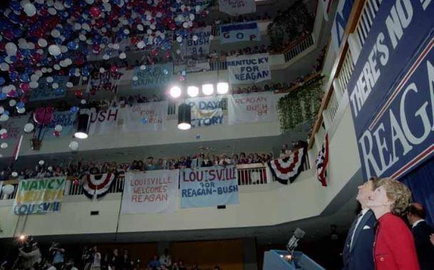 President Ronald Reagan and Nancy Reagan attending a campaign rally at the Hyatt Regency Hotel, Louisville, Kentucky 10/07/1984
