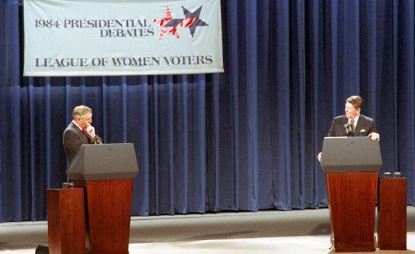 President Ronald Reagan and Democratic presidential candidate former Vice President Walter Mondale during the first presidential debate on domestic policy in Louisville, Kentucky 10/07/1984