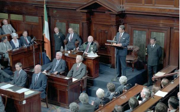 President Ronald Reagan delivering his Address Before a Joint Session of the Irish National Parliament in Dublin, Ireland 06/04/1984 