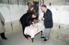 President Reagan signing guest book at Pointe du Hoc gun emplacement. President Reagan signing guest book at Pointe du Hoc gun emplacement.
