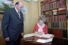 Nancy Reagan signing Guest Book while attending memorial service at Omaha Beach Cemetery for D-Day Memorial Ceremonies with Mayor Hardelay. Nancy Reagan signing Guest Book while attending memorial service at Omaha Beach Cemetery for D-Day Memorial Ceremonies with Mayor Hardelay.