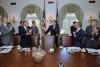 President Ronald Reagan attending his first cabinet meeting after the assassination attempt From left to right: James Watt, Murray Weidenbaum, Alexander Haig, Martin Anderson, President Reagan, Frank Carlucci, Joseph Wright 04/24/1981 NAID: 75852939