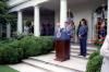 President Ronald Reagan delivering remarks and participating in a question-and-answer session with reports on the air traffic controllers strike in the Rose Garden 08/03/1981 NAID: 75854663