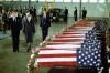President Ronald Reagan and Nancy Reagan attending a ceremony in honor of the casualties of the U.S. Embassy bombing in Lebanon earlier in the week at Andrews Air Force Base 04/23/1983 NAID: 75852755
