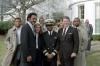 President Ronald Reagan outside the Oval Office with Reverend Jesse Jackson, Terry Lynn Goodman, and Navy Lieutenant Robert O. Goodman, Jr. who was captured December 4, 1983 after his plane was shot down over Syrian controlled territory in Lebanon 01/04/1984  NAID: 276563781