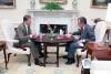 President Ronald Reagan and Vice President George Bush in the Oval Office having their regular Thursday lunch 05/03/1984 NAID: 75853359