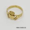 18kt gold Claddagh ring. Inside it is engraved “President Reagan Galway 1984.” It was given during a trip to Ireland June 1-4, 1984. A Claddagh is a traditional Irish ring that features two hands clasping a heart topped with a crown. It represents love, loyalty, and friendship. It has different meanings depending on whether it is worn facing the wearer or the viewer. It often has been used as a wedding ring. Gifter: Mayor Michael Leahy of Galway, Ireland. Artifact ID: 1984.01693.03 18kt gold Claddagh ring. Inside it is engraved “President Reagan Galway 1984.” It was given during a trip to Ireland June 1-4, 1984. A Claddagh is a traditional Irish ring that features two hands clasping a heart topped with a crown. It represents love, loyalty, and friendship. It has different meanings depending on whether it is worn facing the wearer or the viewer. It often has been used as a wedding ring. Gifter: Mayor Michael Leahy of Galway, Ireland. Artifact ID: 1984.01693.03
