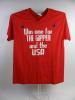 A red t-shirt with white text stating "Win one for THE GIPPER and the USA" and blue stars near the shoulders