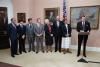 President Ronald Reagan speaking during a ceremony to present the family of the late Captain Joseph J. Rochefort the Distinguished Service Medal in recognition of his role in breaking the Japanese code during World War II 05/30/1986