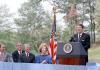 President Ronald Reagan delivering his Remarks at the Dedication Ceremony for the Carter Presidential Center in Atlanta, Georgia 10/01/1986  NAID: 75855059
