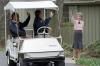 Nancy Reagan waving goodbye to President Ronald Reagan and Prime Minister Yasuhiro Nakasone of Japan at Camp David 04/13/1986NAID: 75854733