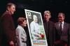 President Ronald Reagan participating in the unveiling of the Knute Rockne Commemorative Stamp at the University of Notre Dame 03/09/1988  NAID: 404525453