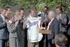 President Ronald Reagan being presented with a team jersey by manager Tommy Lasorda in the Rose Garden while greeting the World Series Champion Los Angeles Dodgers 10/26/1988  NAID: 75856335