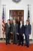 President Ronald Reagan, President Jimmy Carter, President Gerald Ford, and President Richard Nixon posing for photograph in the Ground Floor Corridor as the former presidents met with President Reagan at the White House prior to their departure for the funeral of President Sadat of the Arab Republic of Egypt. (10/08/1981) President Ronald Reagan, President Jimmy Carter, President Gerald Ford, and President Richard Nixon posing for photograph in the Ground Floor Corridor as the former presidents met with President Reagan at the White House prior to their departure for the funeral of President Sadat of the Arab Republic of Egypt. (10/08/1981)