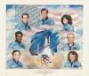 "and Touched the Face of God” Artifact ID: 1986.08161.01 Object Name: Print Maker: Laurie Whitehead, Houston, Texas Date: 1986 Description: A print of a watercolor of all seven astronauts of the Space Shuttle Challenger. The portraits of the crew surround the image of the shuttle on takeoff, with clouds and the American flag in the background. At the bottom center of the print is an image of the Challenger patch along with text stating "and Touched the Face of God"... 