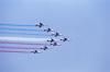 The French Air Force aerobatic team Patrouille de France flying over the Statue of Liberty 07/04/1986