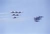 The U.S. Air Force Thunderbirds and the U.S. Navy Blue Angels flying together over New York Harbor and the Hudson River 07/04/1986