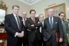 President Ronald Reagan in the Oval Office Study watching television replay of Space Shuttle Challenger explosion with John Poindexter, Pat Buchanan, Al Kingon, Don Regan, and Edward Djerejian. 01/28/1986 C33094-13. NAID: 75854573.
