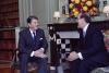 President Ronald Reagan meeting with President Kurt Furgler of Switzerland in Geneva, Switzerland, 11/18/1985