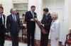 President Ronald Reagan receiving a replica of a Viking sword marking the 1,000th anniversary of Dublin in the Oval Office with the U.S. Ambassador to Ireland Margaret Heckler, 03/17/1988 President Ronald Reagan receiving a replica of a Viking sword marking the 1,000th anniversary of Dublin in the Oval Office with the U.S. Ambassador to Ireland Margaret Heckler, 03/17/1988