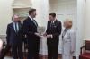President Ronald Reagan receiving the traditional presentation of shamrocks in the Oval Office with the U.S. Ambassador to Ireland Margaret Heckler, 03/17/1988 President Ronald Reagan receiving the traditional presentation of shamrocks in the Oval Office with the U.S. Ambassador to Ireland Margaret Heckler, 03/17/1988