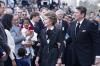 Nancy Reagan and President Ronald Reagan leaving the memorial service for the crew of the Space Shuttle Challenger. 01/31/1986. C33147-33A.