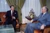 President Ronald Reagan and General Secretary Mikhail Gorbachev sitting and talking at the Soviet Mission in Geneva, Switzerland, 11/20/1985
