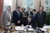 President Ronald Reagan during the signing ceremony for Proclamation 5653 – Just Say No to Drugs Week, 1987 in the Oval Office dated 05/12/1987