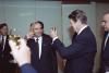 General Secretary Mikhail Gorbachev and President Ronald Reagan toasting during the reception after the Joint Soviet-United States Statement on the Summit Meeting in Geneva, 11/21/1985