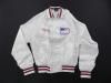 Jacket - White satin with red, white, & blue trip, lettered "Nancy" in red, with a "NFDY" Patch, at the left. Nancy Reagan attended the third annual National Federation of Parents (NFP) luncheon on 09/28/1984. There she was given this “coach’s” jacket.