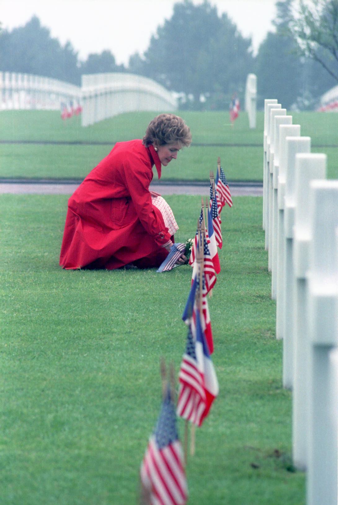 Nancy Reagan Laying Flowers at The Omaha Beach Memorial Cemetery Normandy France
