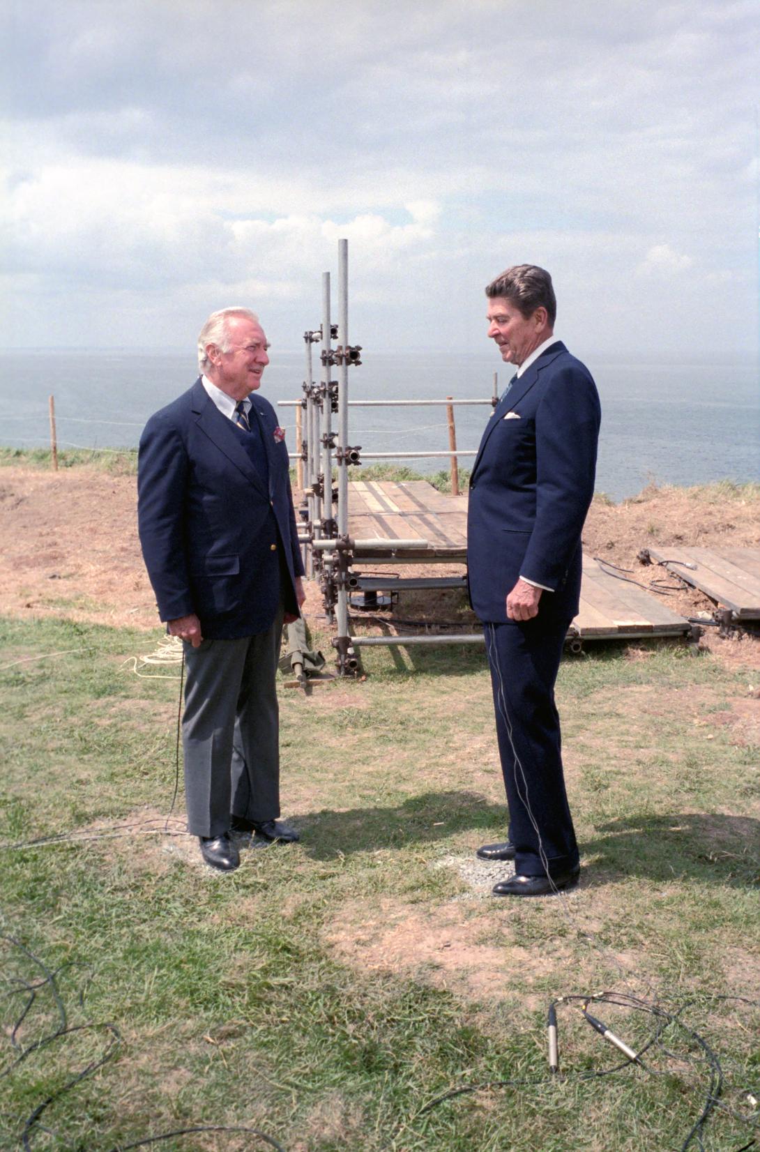 President Reagan and Walter Cronkite at Pointe Du Hoc during Walter Cronkite Interview