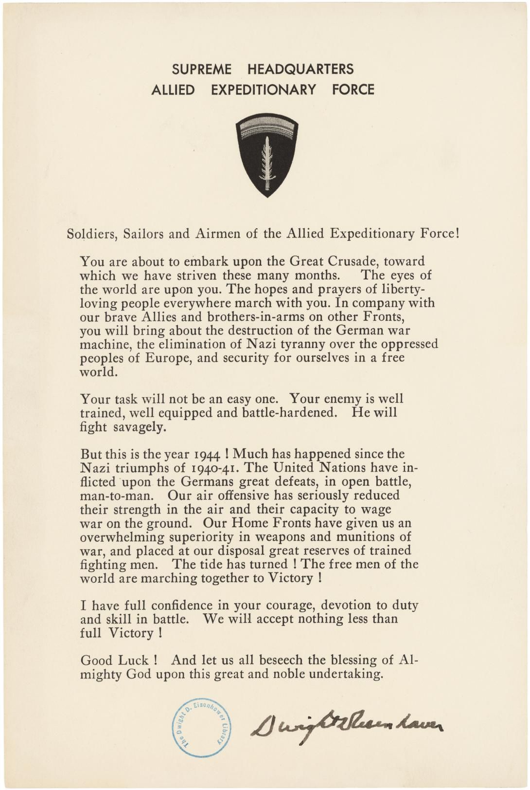 D-Day Statement to Soldiers, Sailors, and Airmen of the Allied Expeditionary Force