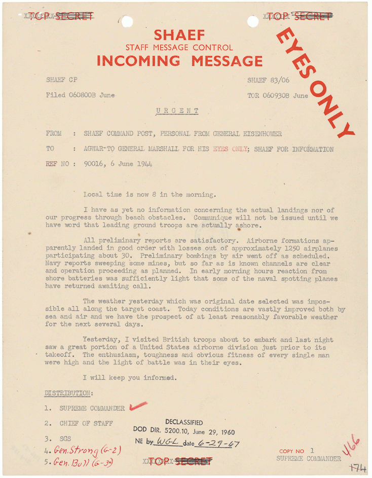 Cable from General Dwight D. Eisenhower to General George C. Marshall Regarding D-Day Landings