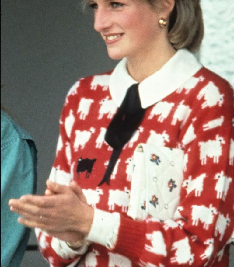 Diana’s famous “Black Sheep” sweater: Princess Diana's beloved "Black Sheep" sweater, first worn in 1981, became one of her most recognizable fashion statements. Featuring a single black sheep among rows of white ones, the sweater has come to symbolize Diana's individuality, resilience, and willingness to stand apart from tradition.