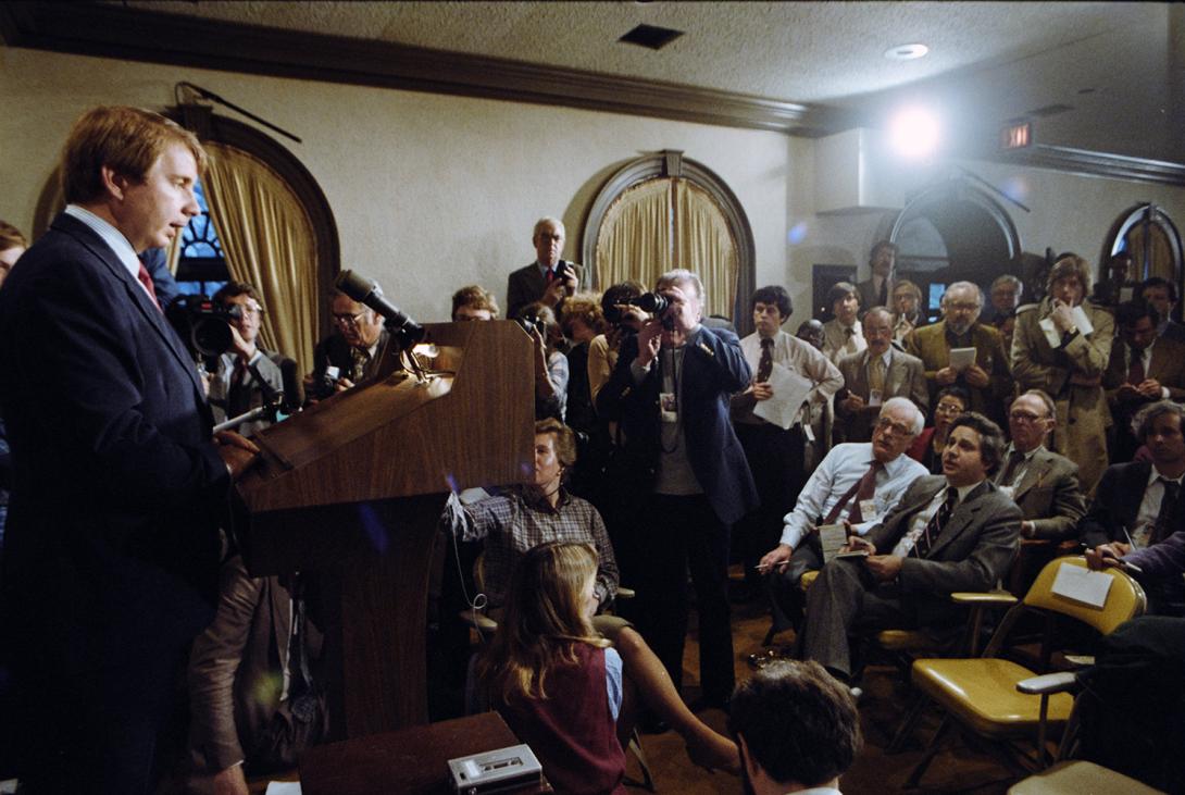 Assistant Press Secretary Larry Speakes speaking to the press about President Ronald Reagan’s condition in the White House Press Briefing Room 03/30/1981 NAID: 276563149