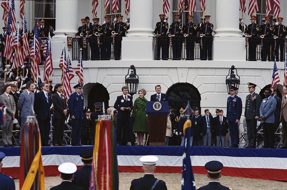 President Ronald Reagan delivering his Remarks at the Welcoming Ceremony for the Freed American Hostages on the South Lawn 01/27/1981 NAID: 75854848