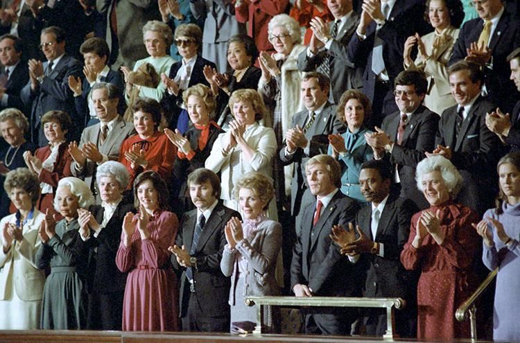 Nancy Reagan applauding during President Ronald Reagan’s first Address Before a Joint Session of the Congress Reporting on the State of the Union 01/26/1982 NAID: 276563399