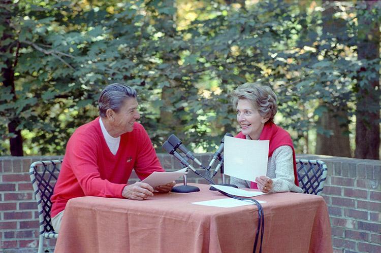 President Ronald Reagan and Nancy Reagan delivering a joint Radio Address to the Nation on Federal Drug Policy at Camp David 10/02/1982 NAID: 75852447