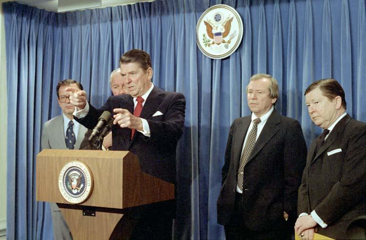 President Ronald Reagan in a question and answer session with reporters on production of the MX missile 12/14/1982  NAID: 75852557