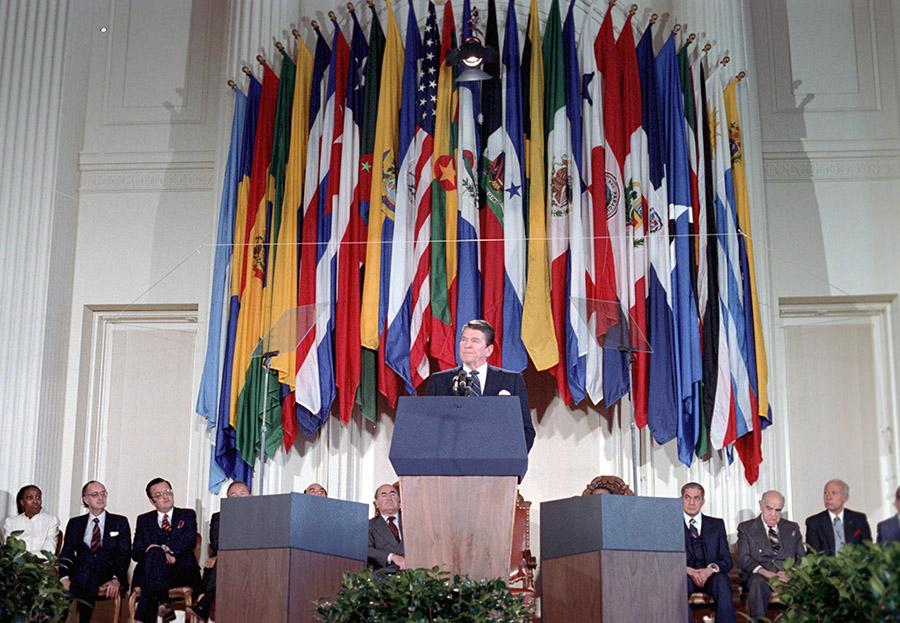 President Ronald Reagan delivering his Remarks to the Permanent Council of the Organization of American States on the Caribbean Basin Initiative at the Organization of American States Building in Washington, D.C. 02/24/1982  NAID: 276563421