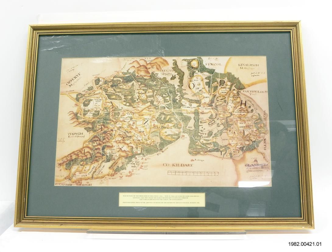 This map shows part of the Midlands of Ireland, how it looked around 1565. It depicts County Laois and the area near the Slieve Bloom mountains, home to the Laighin people, or Leinstermen, one of the areas from which the Reagan family name supposedly originated. It was presented during a lunch honoring Prime Minister Charles Haughey and Mrs. Haughey of Ireland in the White House East Room on St. Patrick's Day, March 17, 1982. Gifter: Prime Minister Charles Haughey of Ireland. Artifact ID: 1982.00421.01
