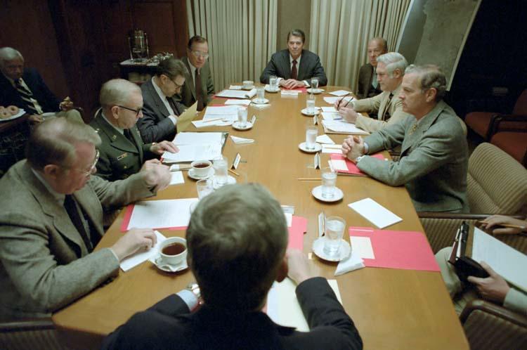 President Ronald Reagan attending a National Security Planning Group meeting on Lebanon in the Situation Room 10/23/1983 NAID: 75853059